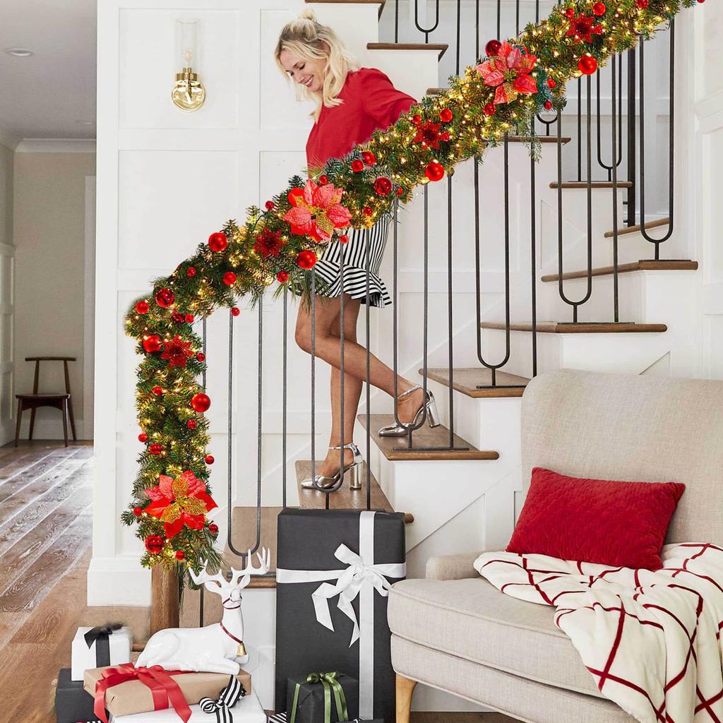 8.9ft Artificial Xmas Garland with Balls Flower for Holiday Home Stairs Fireplace Front Porch Door Display Indoor