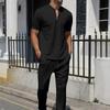 2Pcs/Set Men Casual Outfit Stand Collar Zipper Neckline Short Sleeve Tops Elastic Waistband Drawstring Pockets Pants Set