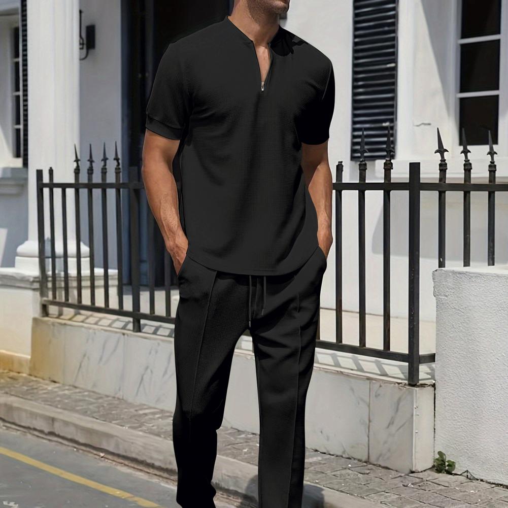 2Pcs/Set Men Casual Outfit Stand Collar Zipper Neckline Short Sleeve Tops Elastic Waistband Drawstring Pockets Pants Set