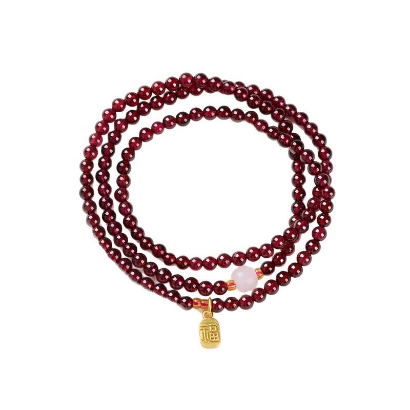 Natural Three-ring Garnet Bracelet for Women, Crystal Hetian Jade Bracelet, Gift, Light Luxury, Niche, Simple and Versatile Jewelry