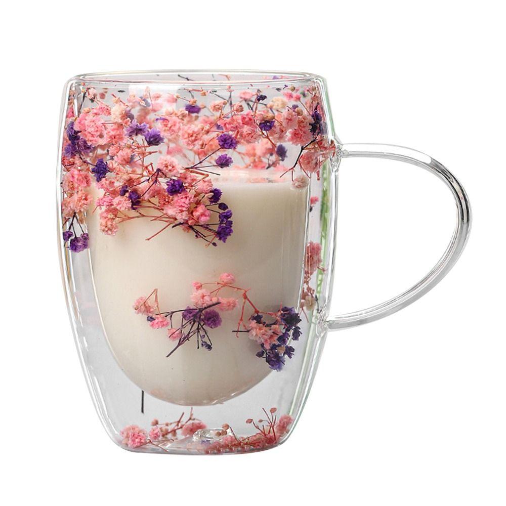 350ml Double Wall Glass Cup Heat Resistant Coffee Mug Elegant Dried Flowers Glass Mugs  Home&Office