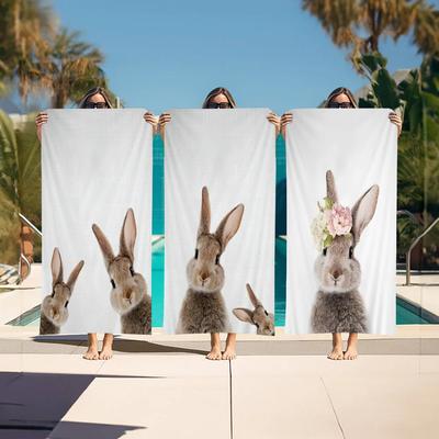 Rabbit Canvas Painting Bath Towel Microfiber Soft Water Absorbing Breathable For Girl Kids Decorative Cartoon Beach Towel