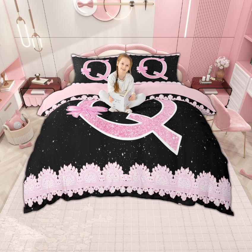 Homewish Personalized Initial M To Z Duvet Cover Set For Girl Black Pink Bedding Set Monogrammed Theme Bedroom Set Room Decor