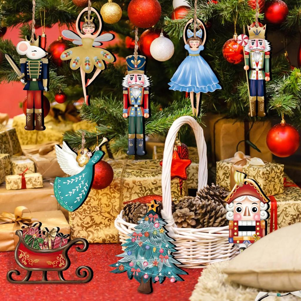 Set Of 12 Nutcracker Ballet Wooden Christmas Tree Festival Decoration 2D Pendant