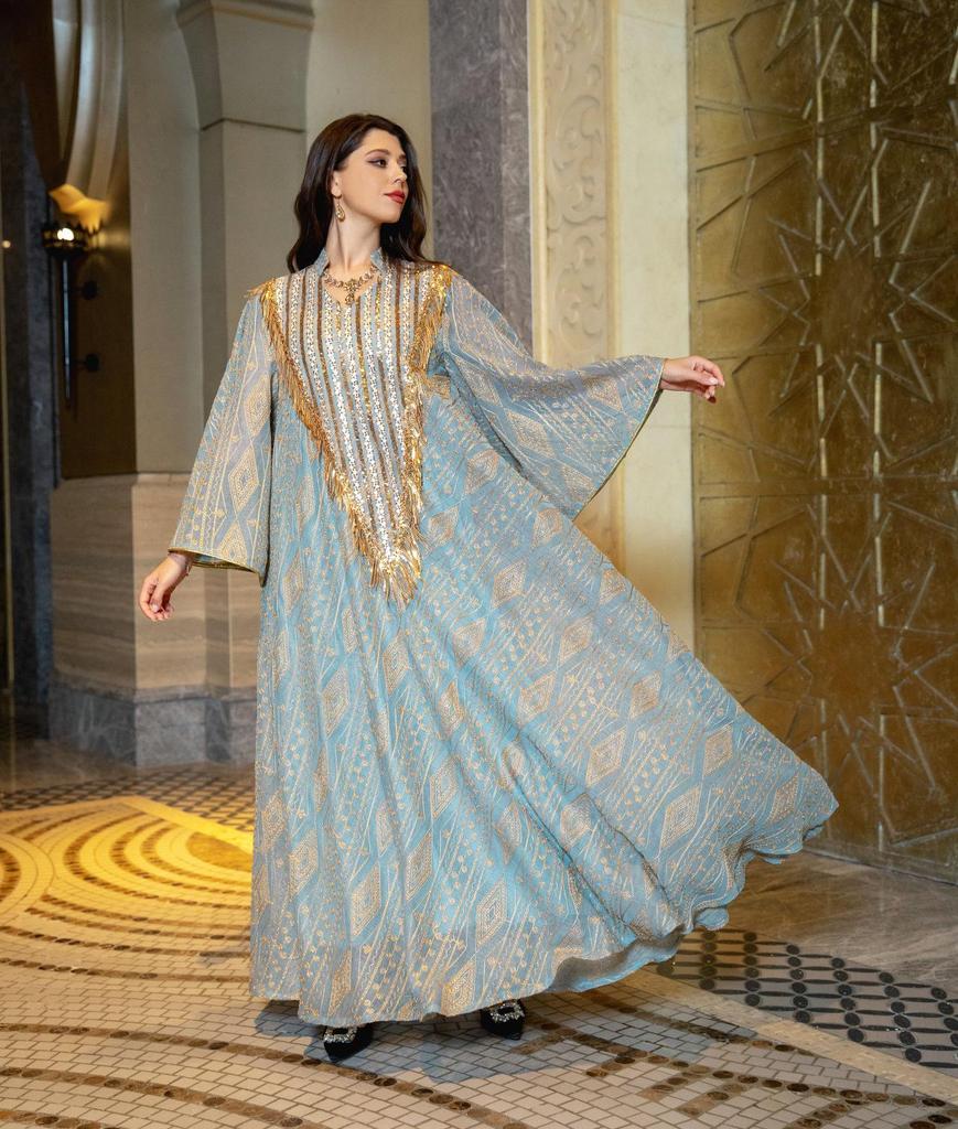 AB320 Tulle Embroidered Sequined Muslim Evening Dress - Arabic Dubai Style Robe for Middle Eastern Women