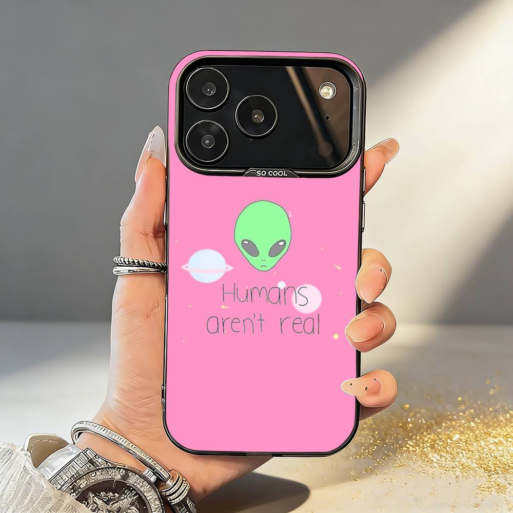 Cartoon S-Space A-Alien UFO Phone Case For iPhone17,16,15,14,13,12,11,Pro,MAX Gray Matte Silicone Black Cover