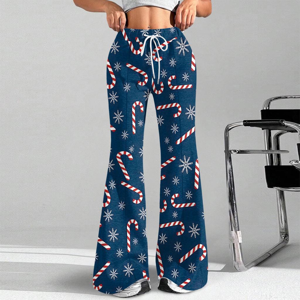 Women's Fashion Loose Drawstring Waist Christmas Printed Casual Sports Pants Casual Flared Pants