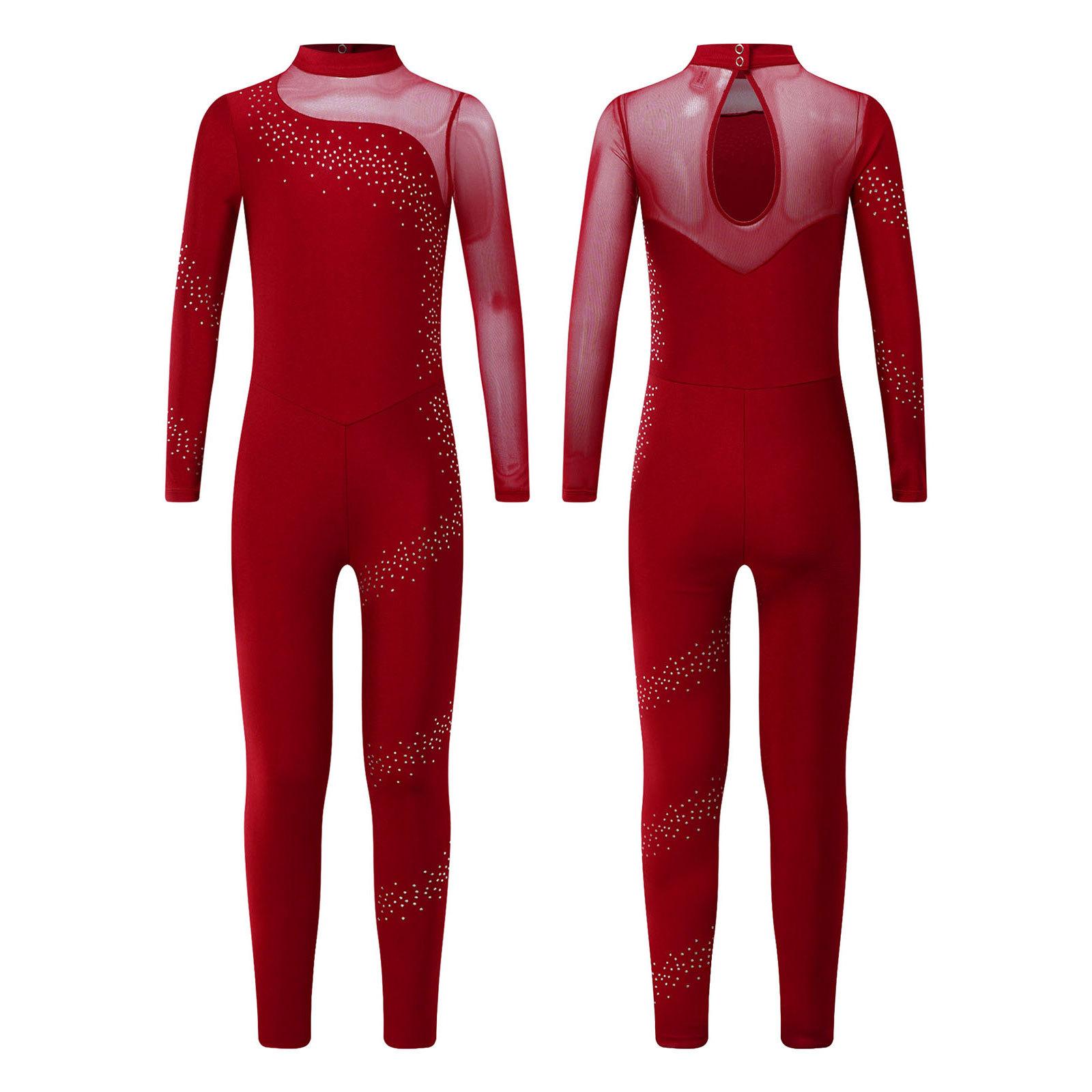 

Дівчачий блискучий гімнастичний комбінезон з сітки зі стразами, з довгим рукавом, прозорими вставками, вирізом-краплею на спині, боді для фігурного катання та танців 7-8 Years бордовий