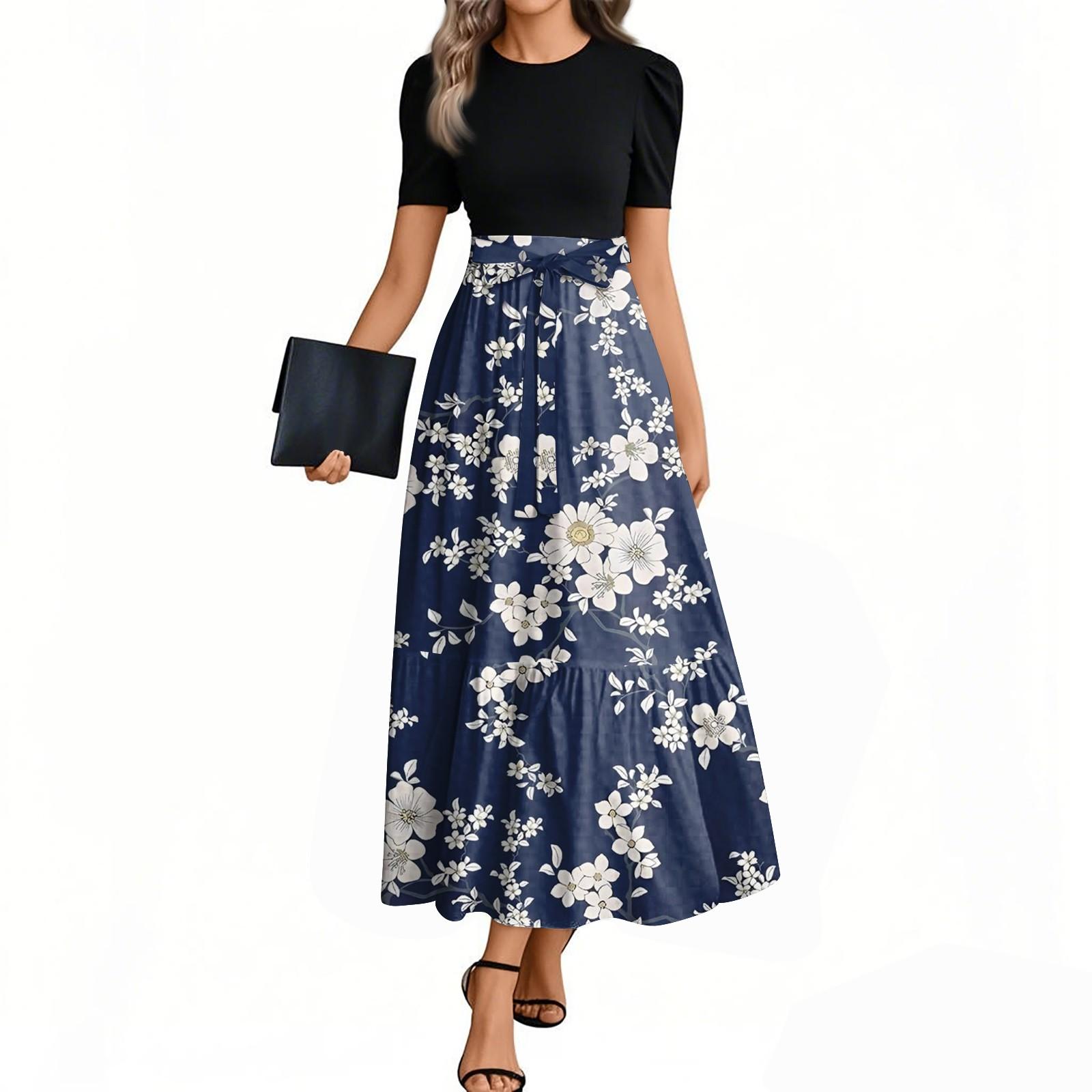 

Женское модное повседневное платье с коротким рукавом и круглым вырезом с цветочной вышивкой, элегантное, темпераментное S тёмно-синий