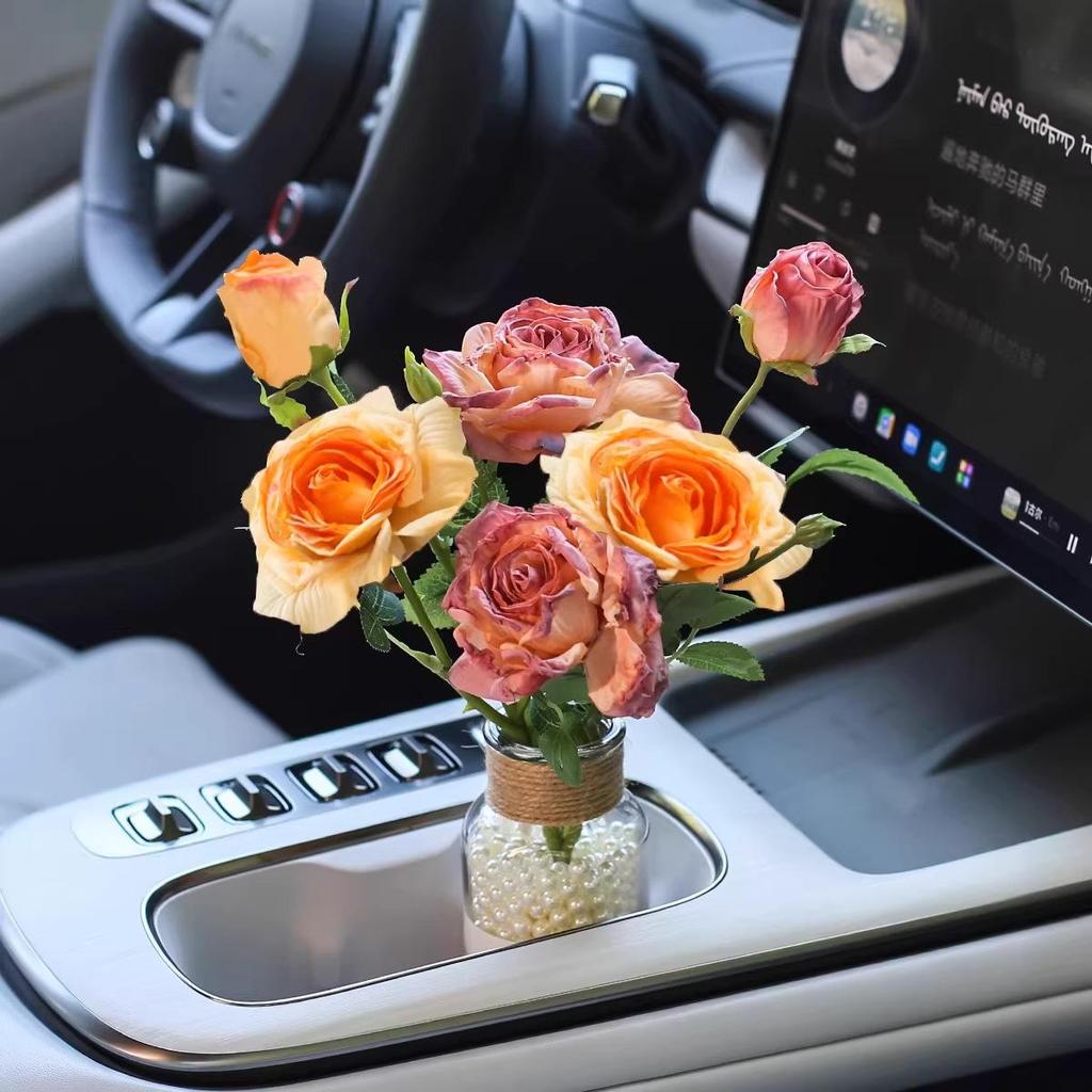 Burnt Edge Rose Imitation Oil Painting for Car Interior Decoration – Cup Holder Floral Ornament