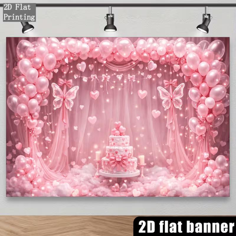 Sfondo 2D Festa Principessa Rosa, Palloncino Glitterato & Striscione Farfalle per Compleanno Bambina & Baby Shower