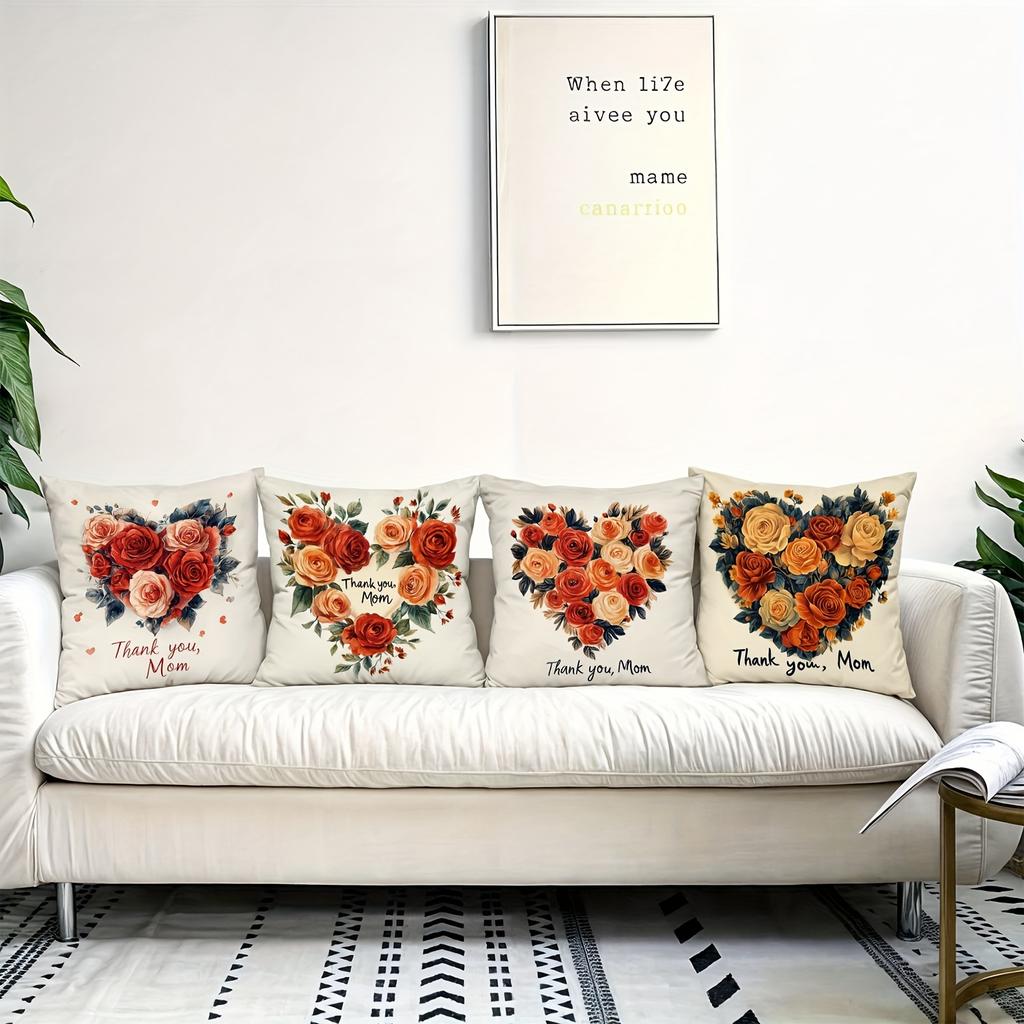 4pcs Happy Mother's Day Decorative Pillowcase Set, 18x18 Inch Floral Heart Cushion Covers for Sweet Home Decor, Gift for Mom, for Porch Patio Sofa