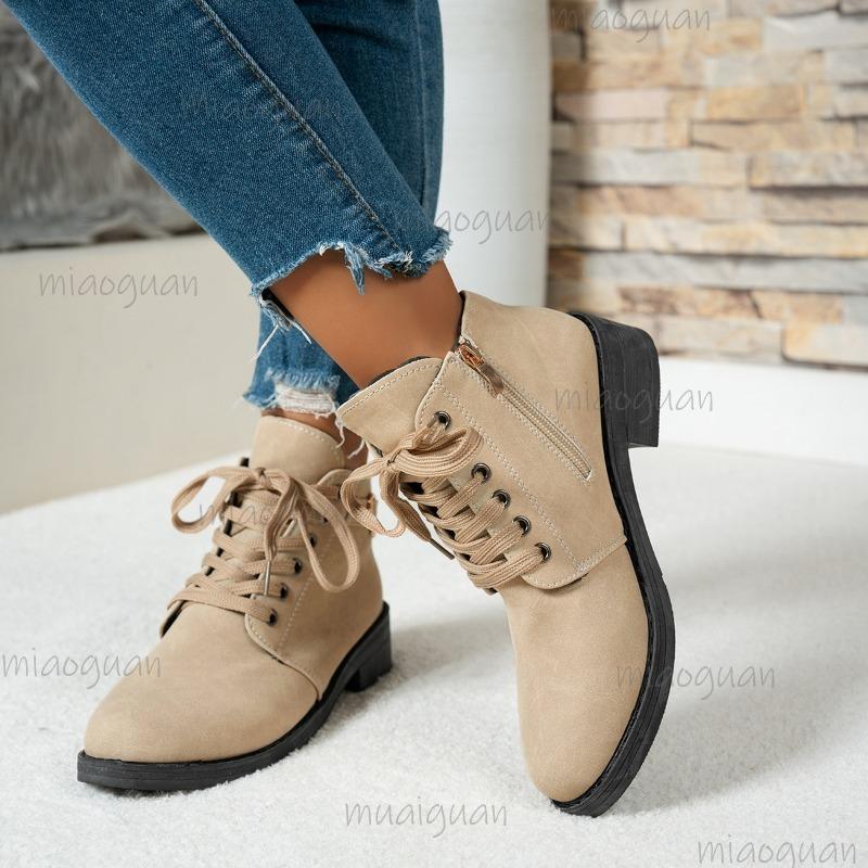 Chunky Mid Heeled Women's Autumn Winter PU Short Boots British Style Side Zip Casual Lace Up Shoes Round Toe Ankle Boots Size35