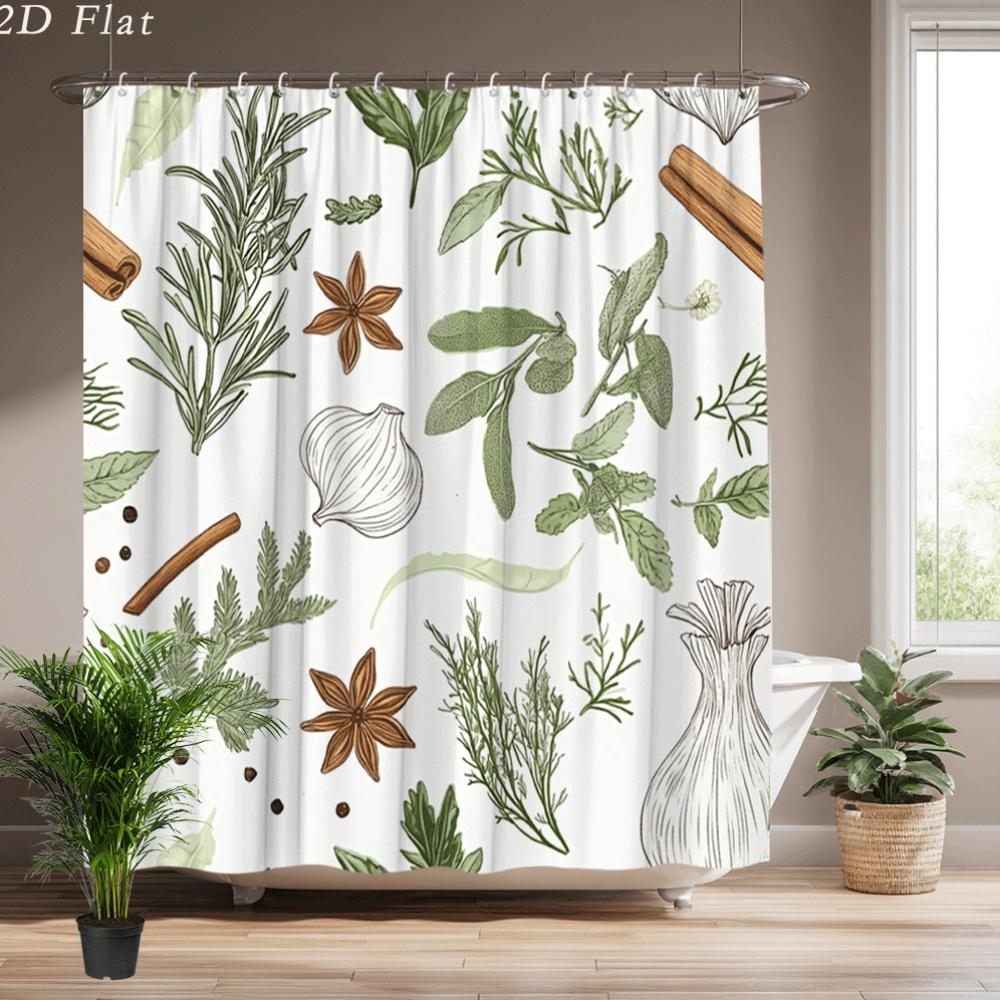 

Vintage Herbal Plant Shower Curtain – Green Leaves & White Flowers, 2D Flat Print, Polyester, 70.8 X70.8 Inches W60H190(CM)-1 Pcs