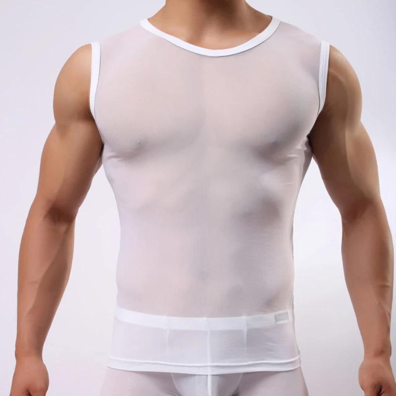 Sleeveless Tank Tops Men Transparent Vests Summer Ultra Thin Mesh Streetwear Male Gym Fitness Muscle Singlets T-Shirts Tee Top
