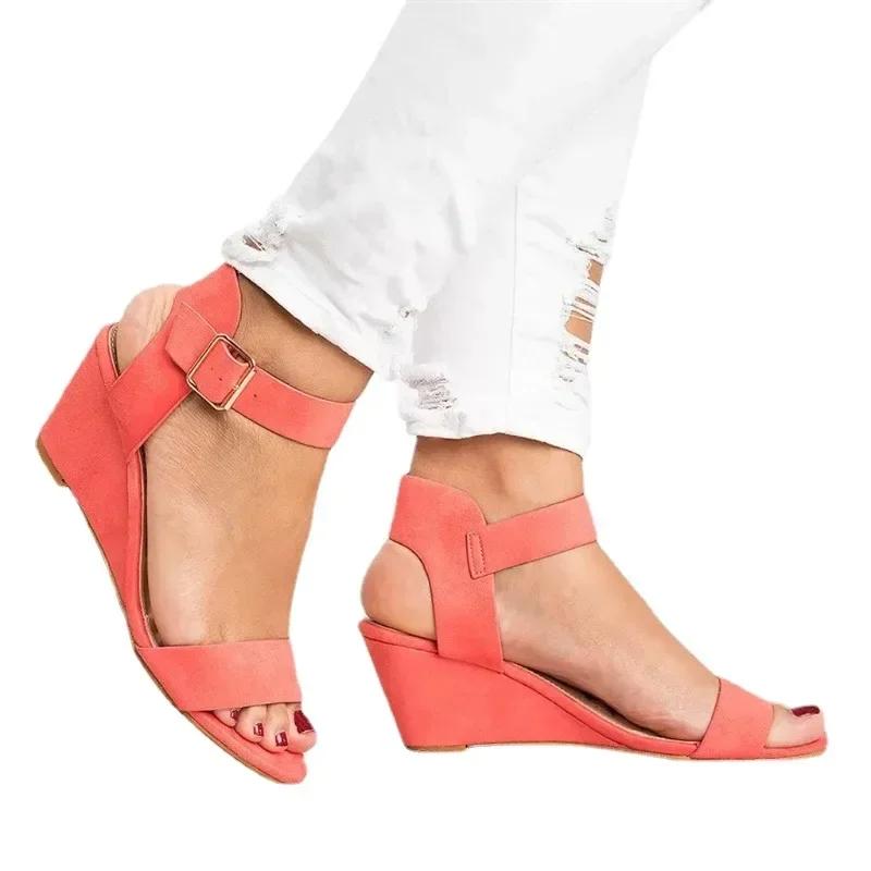 High Quality Wedges Shoes Women Casual Sandalias De Mujer Solid Flock Open Toe Mid Heel Roman Beach Sandals Women High Heels