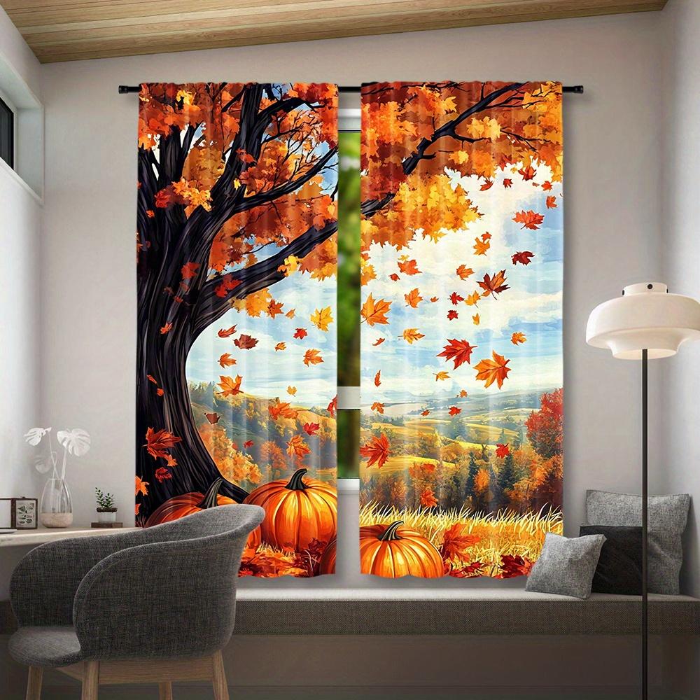 2pcs Autumn Pumpkin & Maple Leaf Curtains - Fall Thanksgiving Decorative Window Drapes with Vibrant Foliage Design, Rod Pocket