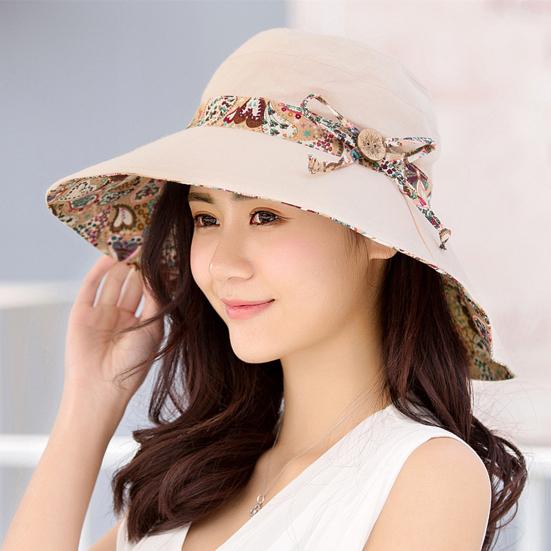 Sun Hat Fashion Print Wide Brim Temperament Foldable Anti Sun Cap for Beach