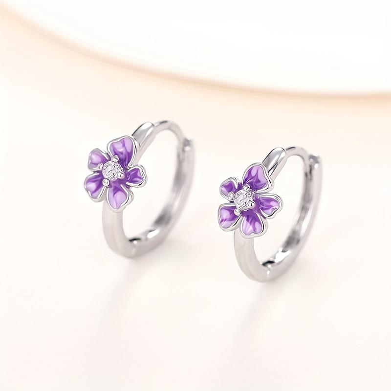 Purple Flower Geometric Women's Earrings with Elegant Temperament Suitable for Girls' Daily Wear Birthday Party Zircon Gifts