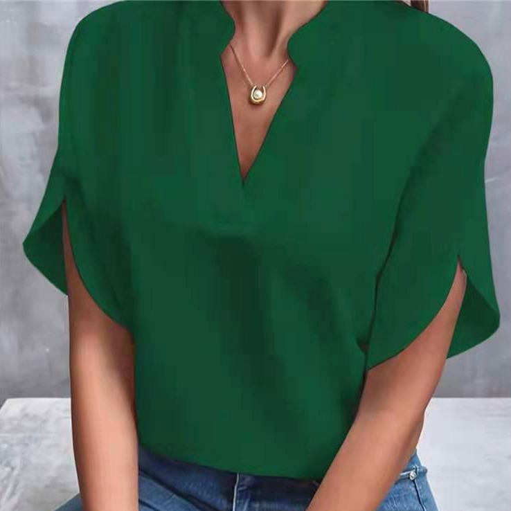 Women's Fashion Casual Solid Color Print Short Sleeve V-Neck Blouses & Shirts