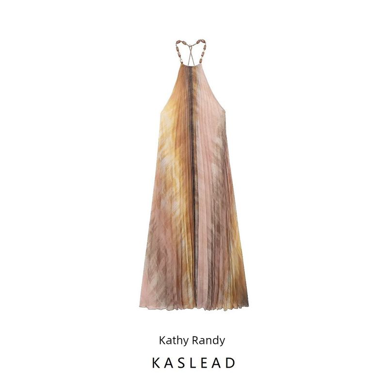 Kaslead New Arrival Women's Clothing Fashion Style Fashion Casual Tie-Dye Hanging Collar Pleated Dress 3666096