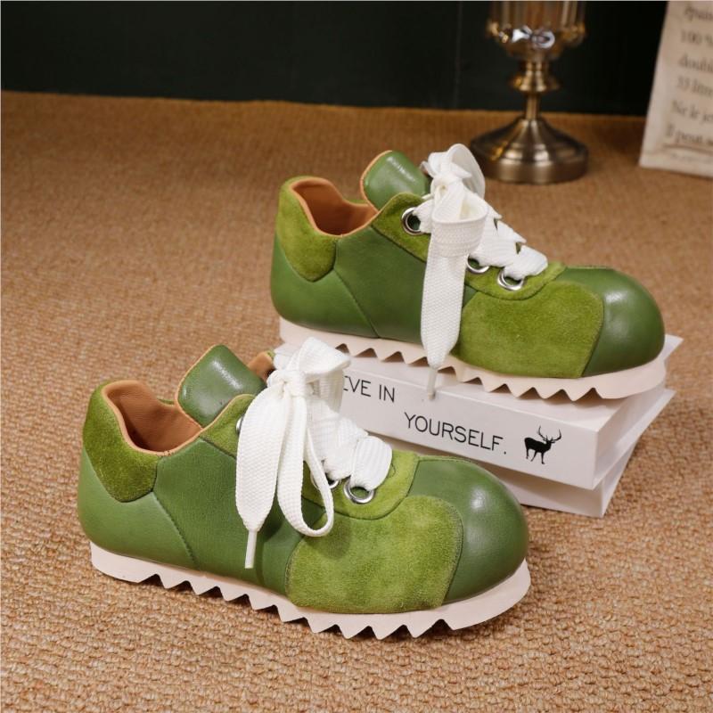 Johnature Genuine Leather Women's Shoes Casual Sports Lace-up Round Toe Versatile Flat Shoes