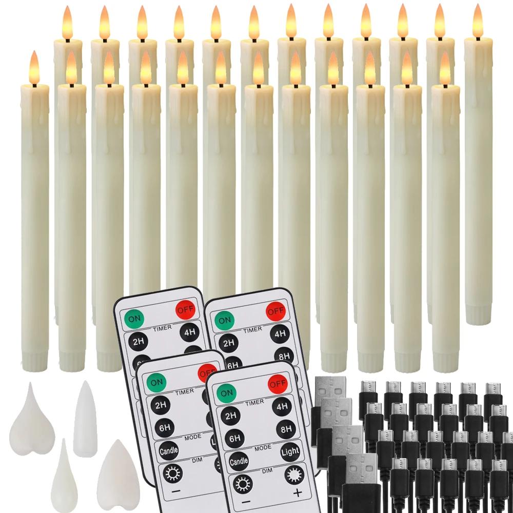Rechargeable Taper Candles with Remote & 24Pcs Plastic Lamp Head Flickering Flameless Dripping Wax Window Candlesticks Home Deco