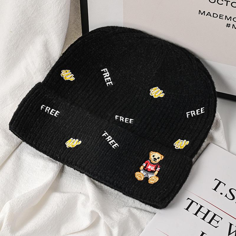 Hat Female Autumn and Winter Wool Hat Versatile Embroidered Letter Knitted Outdoor Riding Warm Cute Bear Pullover Hat
