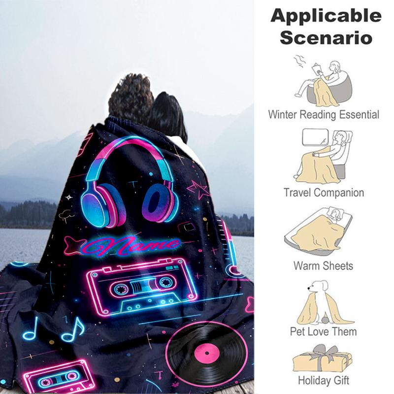 1PC Custom Name Neon Music Vibes Outdooor Flannel Blankets Throw Blanket All-Season Throw Gift Bedspread for Couch, Bed, Camping Holiday Birthday Gift