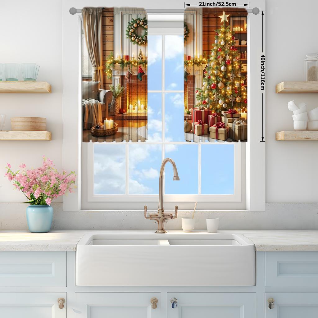 2-piece Set of Christmas Wonderland Curtains - Featuring A Rustic Wooden Exterior with Christmas Tree, Gift, Fireplace