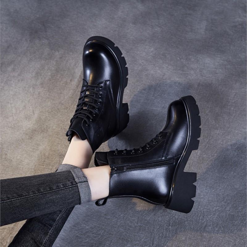 Johnature Genuine Leather Wool Short Boots Warm Snow Boots Thick Heel Thick Soled Women's Boots