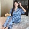 Women Sleepwear Sets Rest Summer Autumn Pajamas Set Turn Down Collar Faux Silk Satin Short Sleeve tops and long pants Female Pijama Home Wear