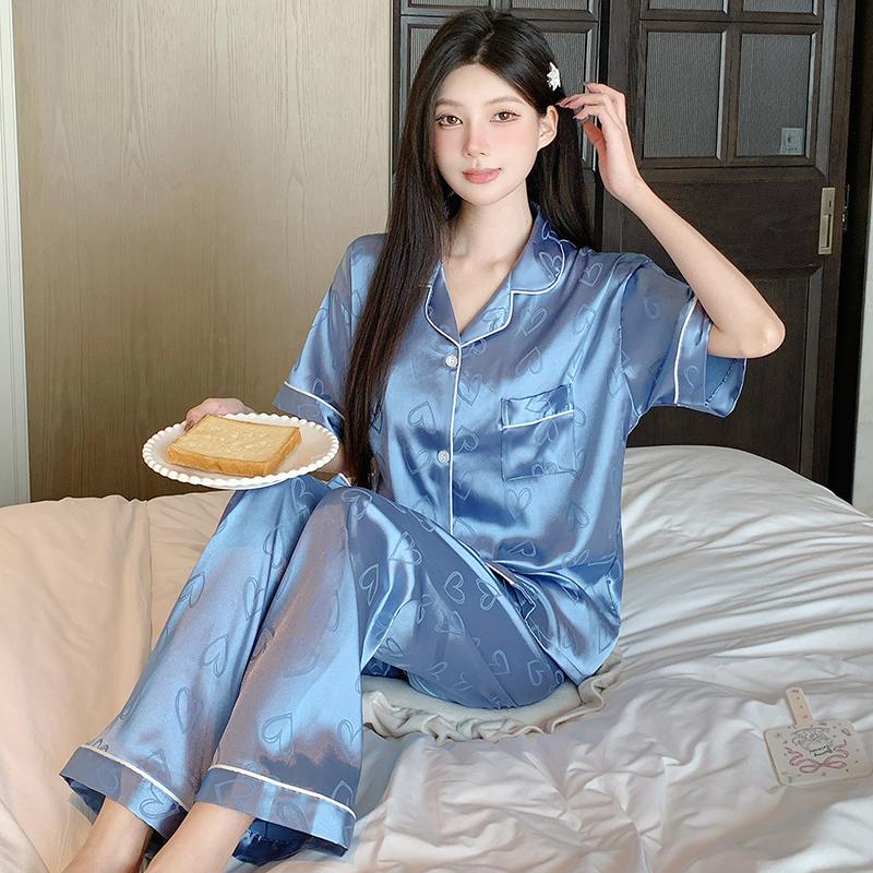 Damen Schlafanzugsets Ruhe Sommer Herbst Pyjama Set Umlegekragen Kunstseide Satin Kurzarm Oberteile und lange Hosen Weiblicher Pijama Hauskleidung