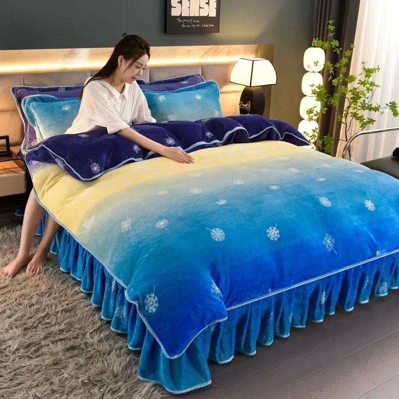 4pcs Double-sided Flannel Duvet Covers Milk Plush Bed Skirt Pillowcase Thicken Four Piece Set Bedding Article Three Piece Winter