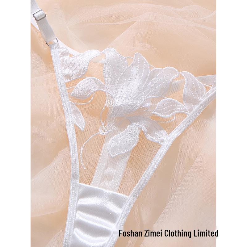 Lace Suspender Stockings Set: Low-Rise Thong & Mesh Panties with Non-Slip Summer Bra, Style 24130