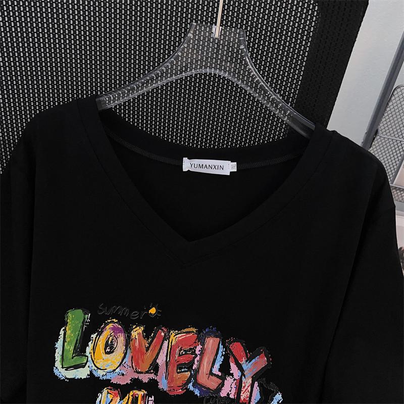 Plus Size V-Neck Slimming Mid-Length Loose T-Shirt for Women, Short-Sleeved, Covers Belly, Available In 200/300/350 Jin.