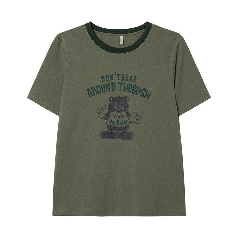 Women's Crew Neck Contrast Trim Short Sleeve Tee Loose Fit Cartoon Bear Graphic Print Cotton Casual Summer Streetwear Top