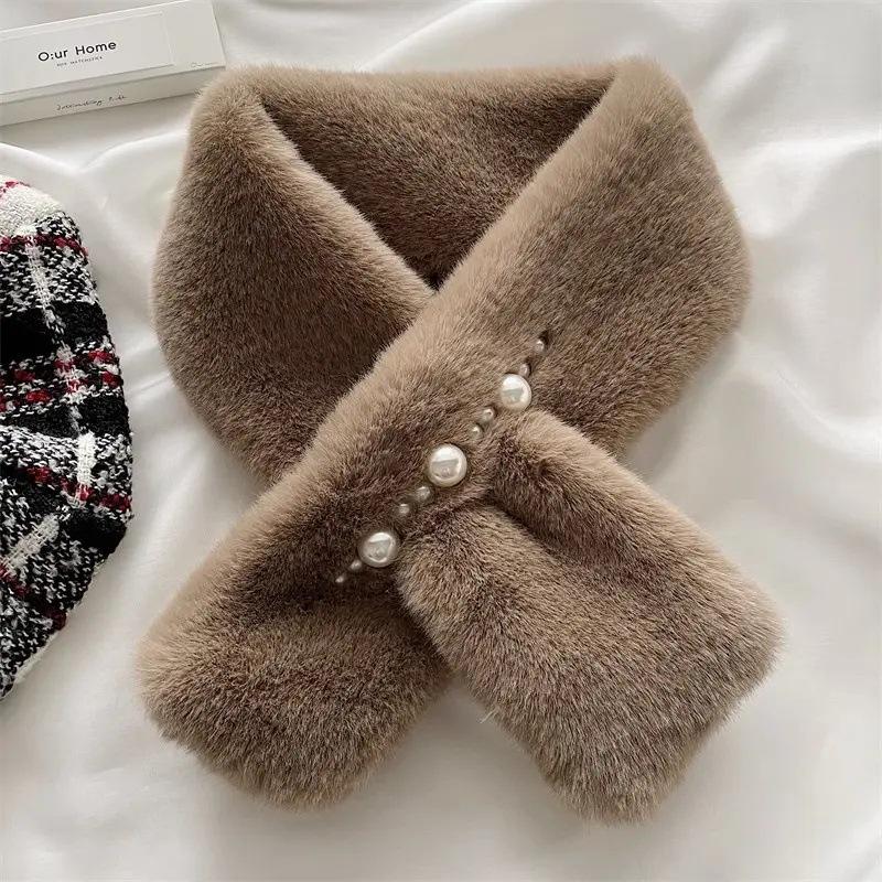 Korean Pearl Plush Imitation Rex Rabbit Fur Scarf - Thickened Cross Design for Autumn and Winter