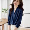 Women V Neck Satin Blouse Long Sleeve Solid Color Office Wear Casual Shirt