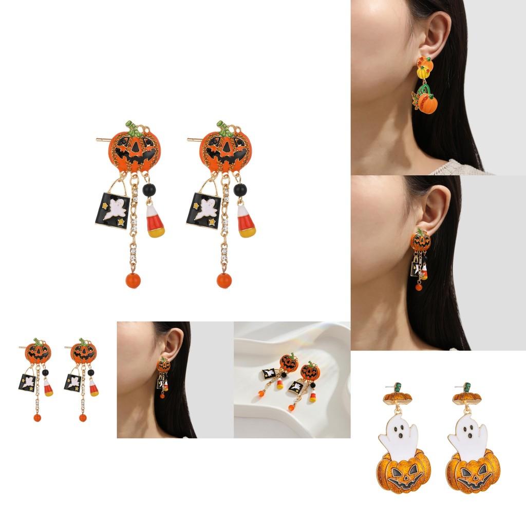 Fashionable Halloween Pumpkin And Skull Earrings With Eye-catching Zircon Details For Ladies
