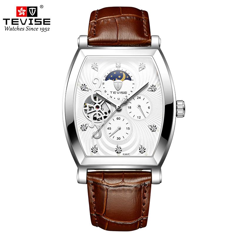 Fashion Top Brand Men's Mechanical Watch Tevise 8383c Business Waterproof Automatic Carved Hollow Window Moon Phase Zircon