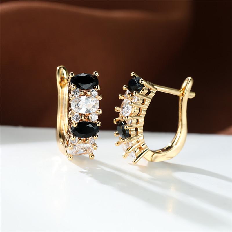Cute Black White Zircon Hoop Earrings Female Luxury Crystal Oval Stone Gold Color Wedding Jewelry For Women