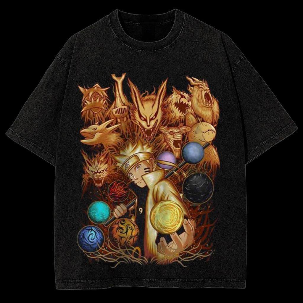 Graphic Oversized Vintage T-shirt Kurama Vs Naruto Uzumaki Anime Washed Retro Streetwear Men Women Short Sleeve High Quality Female Male Clothing
