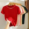 Fashion Short Sleeve Loose Knitted T Shirt Women Summer New Beading Round Neck Casual Women's T-shirt Tops Elegant Slim Fit Simple Woman Tee 26235