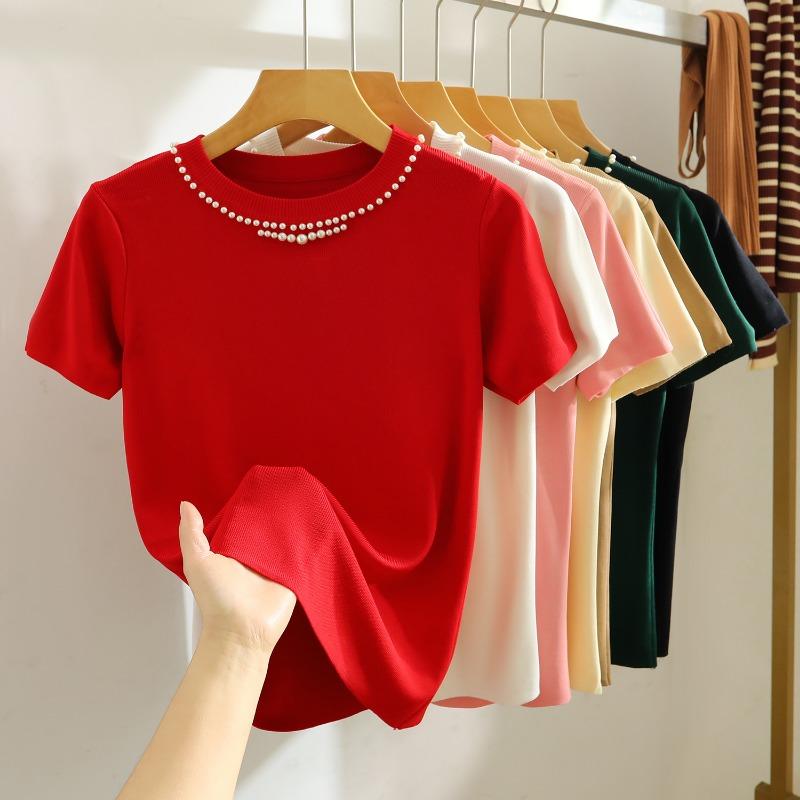 Fashion Short Sleeve Loose Knitted T Shirt Women Summer New Beading Round Neck Casual Women's T-shirt Tops Elegant Slim Fit Simple Woman Tee 26235