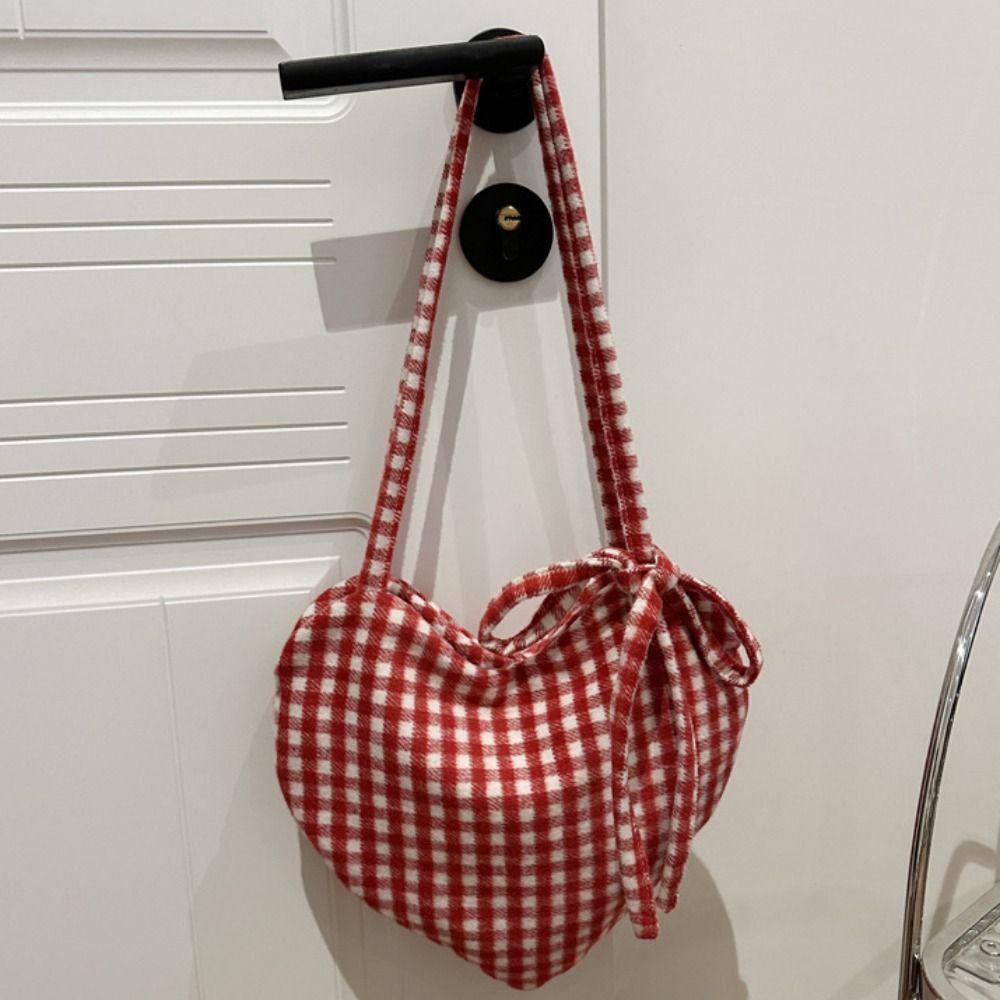 Printed Red Plaid Tote Bag Cloth Women's Handbag Fashion Heart Shoulder Bag  Female