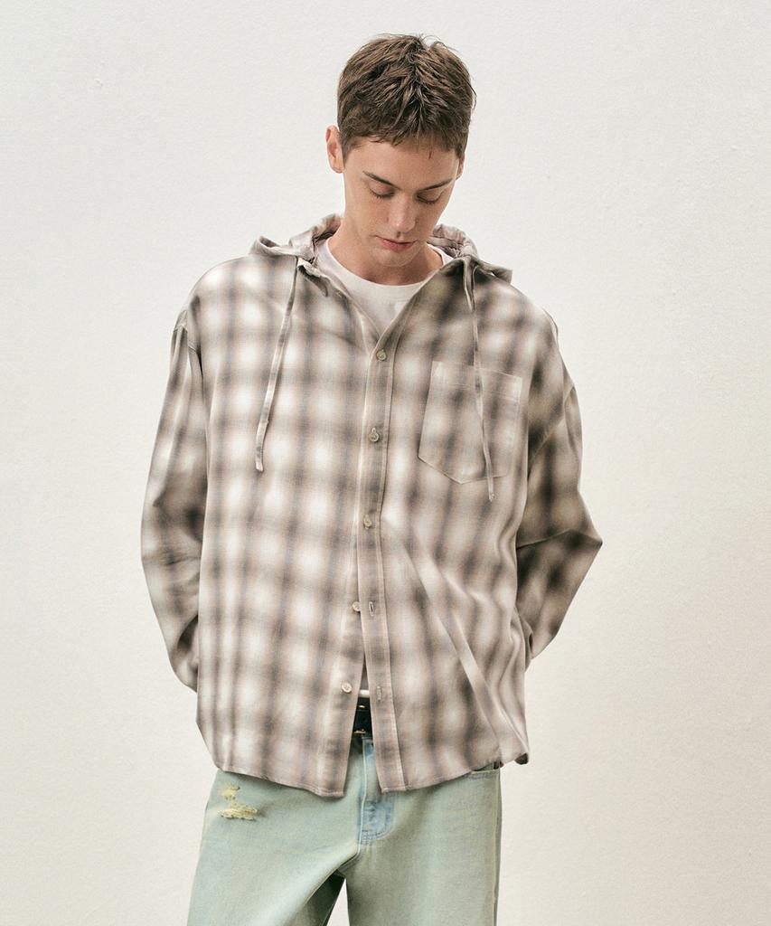 COSTUME O’CLOCK [Detachable Hood] Check Hooded Long Sleeve Shirt 2 Color Coossh194