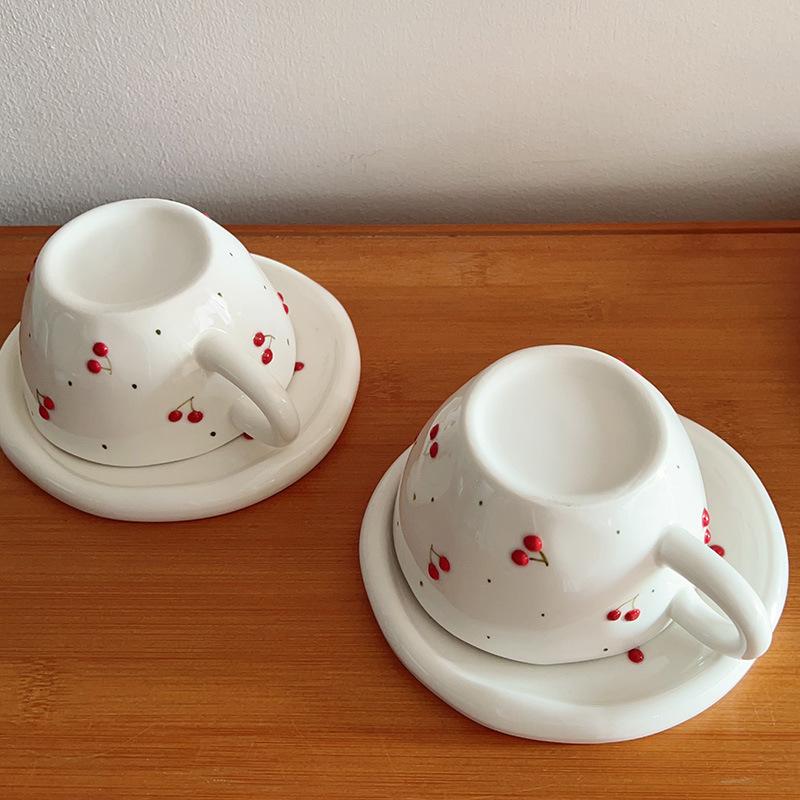 High Value Hand Pinch Ceramic Coffee Cup Cute Cherry Mug Household Water Cup Breakfast Cup One Dish Set