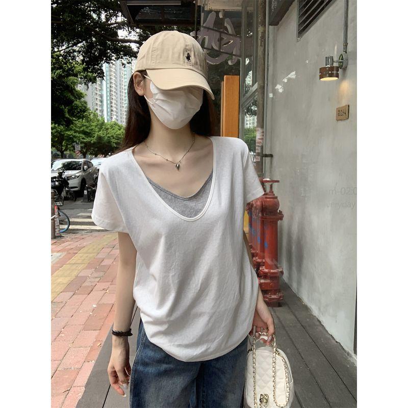 Kumikumi Design Sense Fake Two Pieces V-neck Short sleeve T-shirt Women Summer Niche All-Match Loose Slimming Casual Top