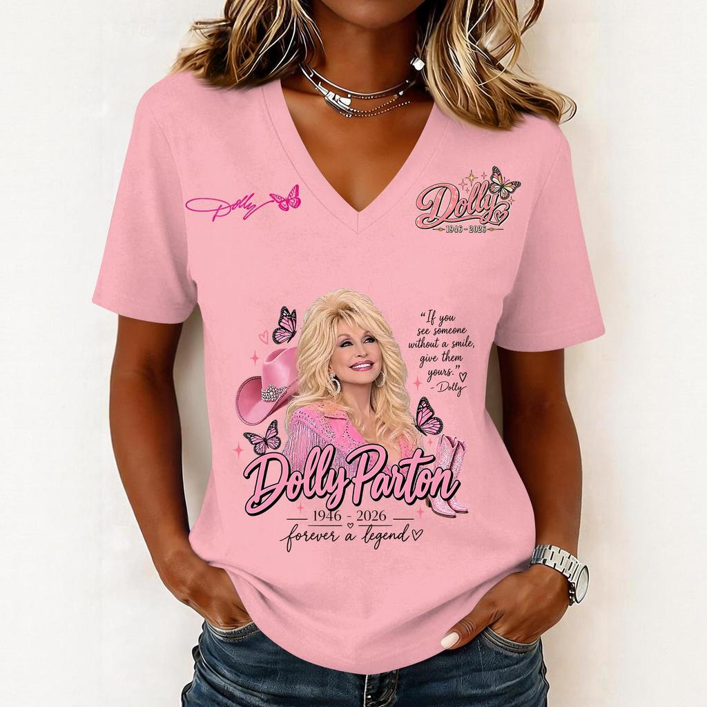 Women's Trendy Casual V-Neck Short Sleeve Letter Print Pullover Top for Everyday Wear